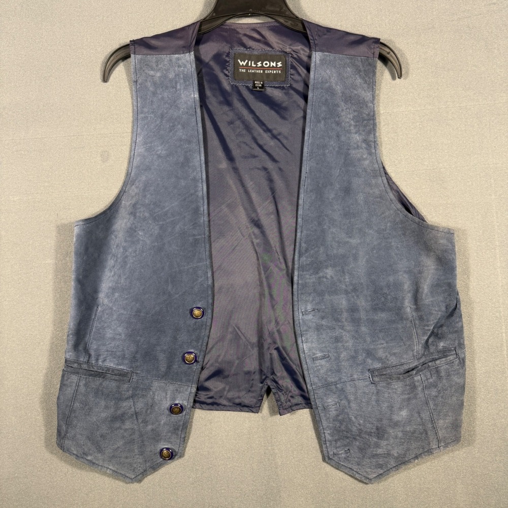 Wilsons Leather Vest Mens L Blue Suede Waistcoat Ornate Button Front Pocketed